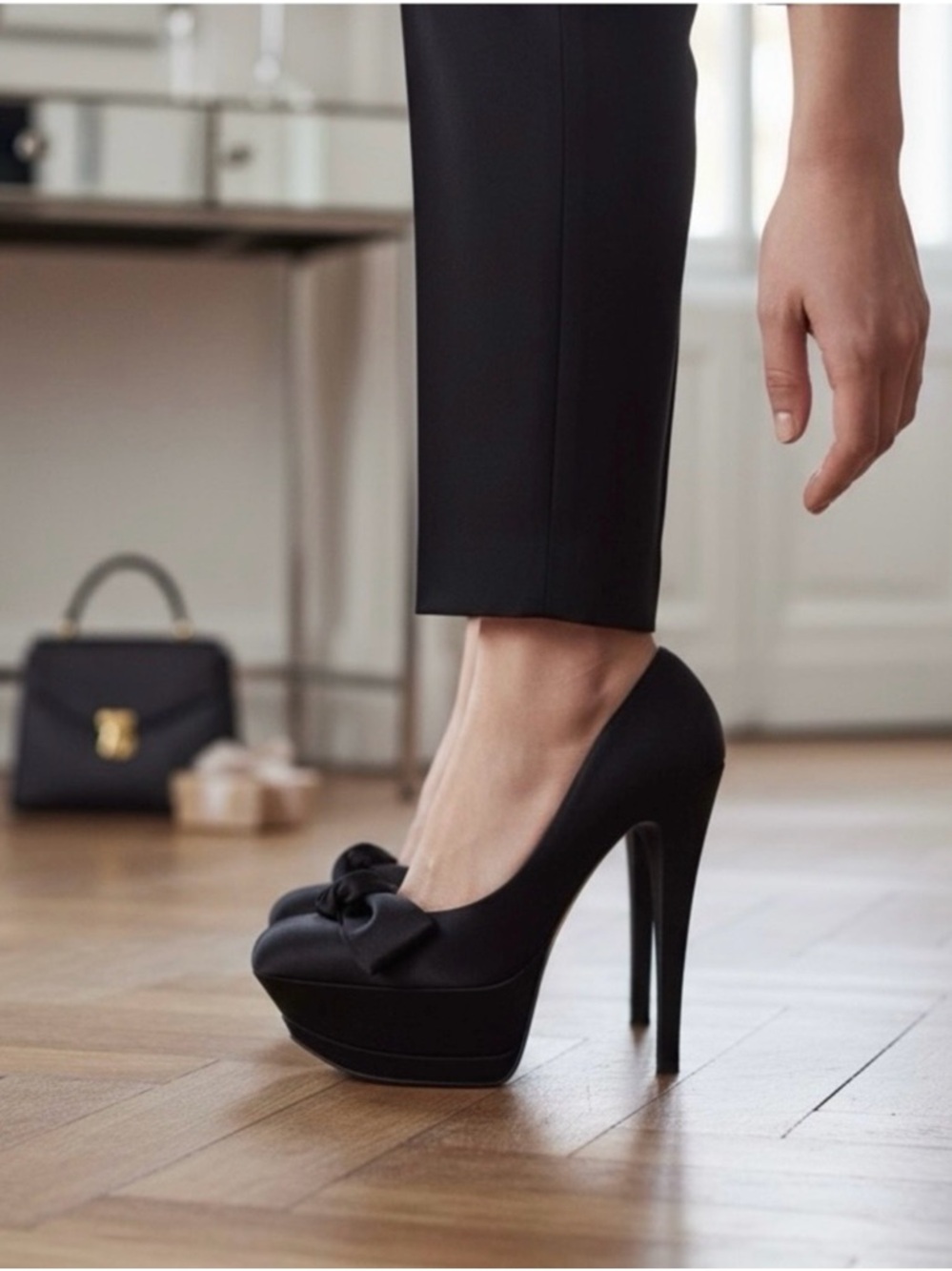 Casadei Black Satin Platform
Bow Pumps